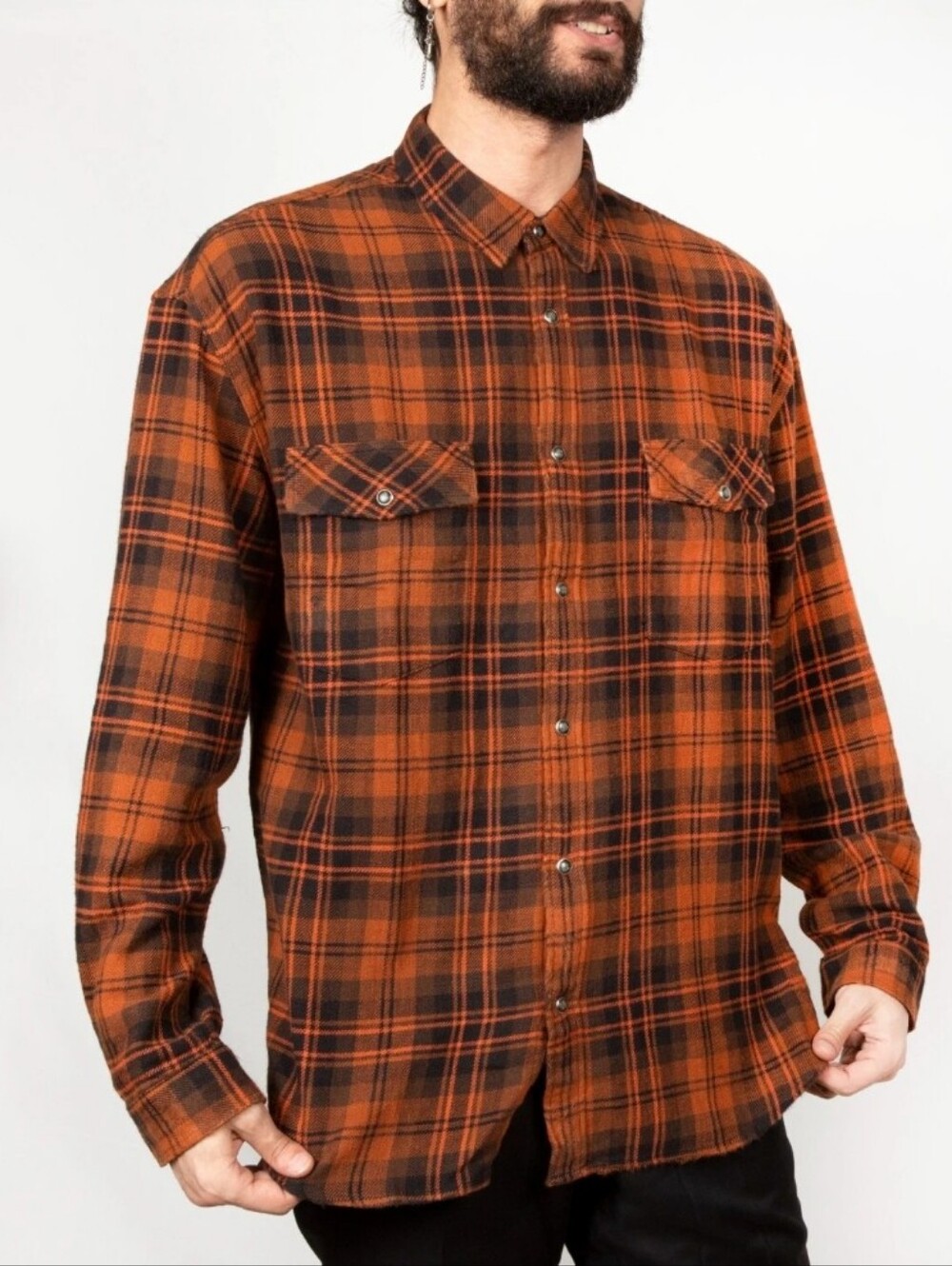 George Orange and Brown Plaid Flannel Button-Down Shirt